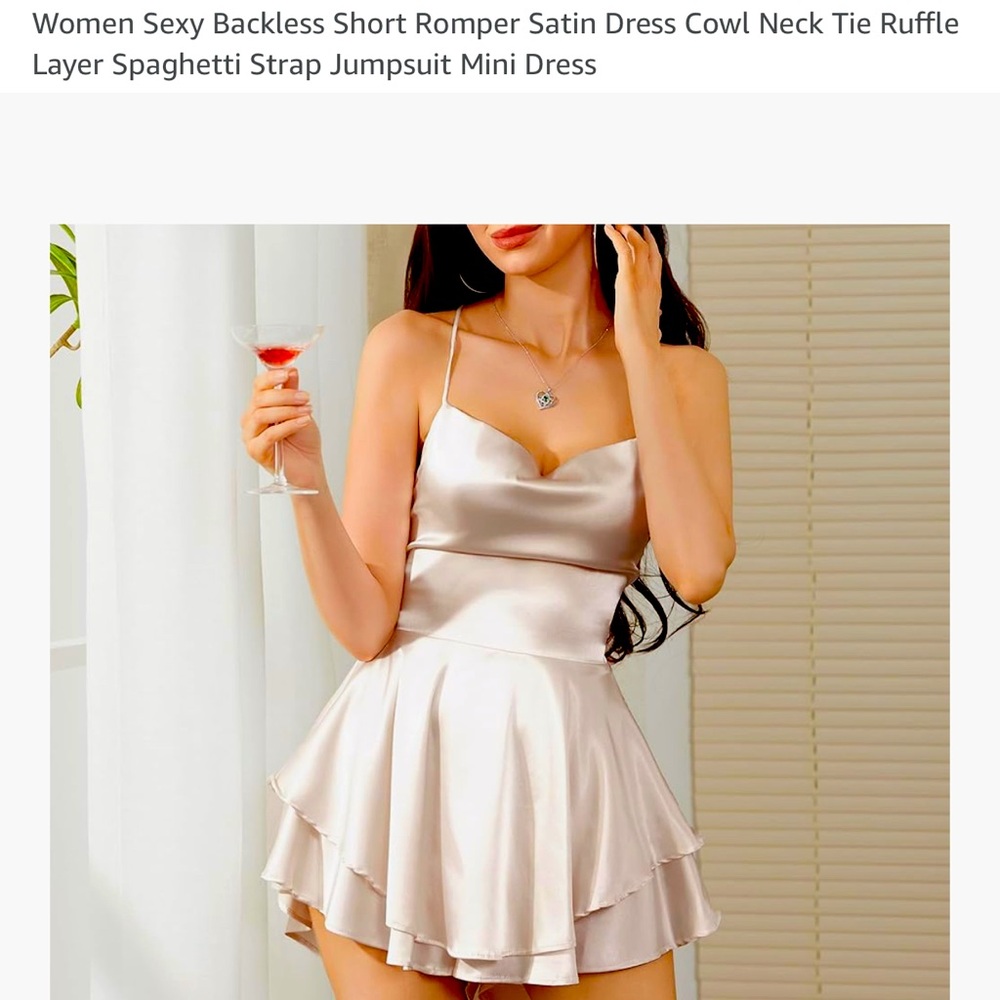 Satin Cowl Neck Spaghetti Strap cheeky Romper/Mini dress, Champagne, large